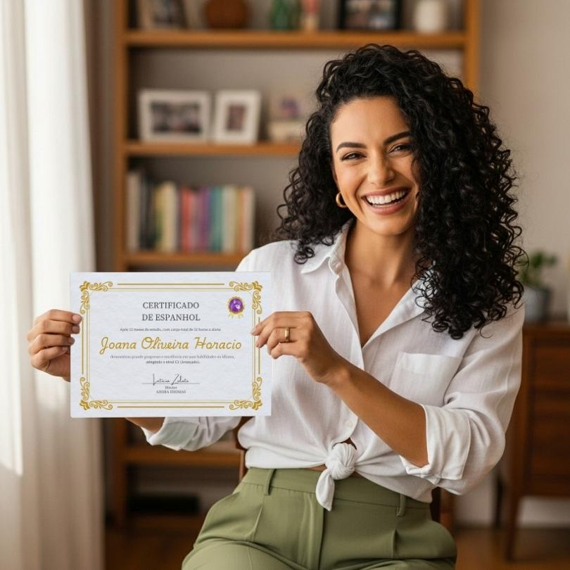 Letícia Zulato, especialista em espanhol para carreira, sorrindo e olhando para a câmera. Transmite confiança e profissionalismo.